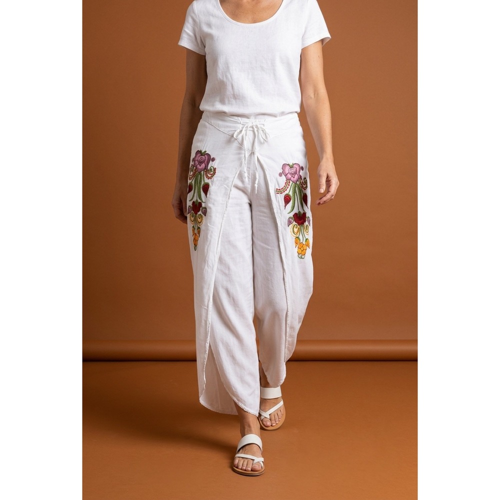Boho White Embroidered Floral Wrap Pants Lace Up Waist Tulip Leg Trousers